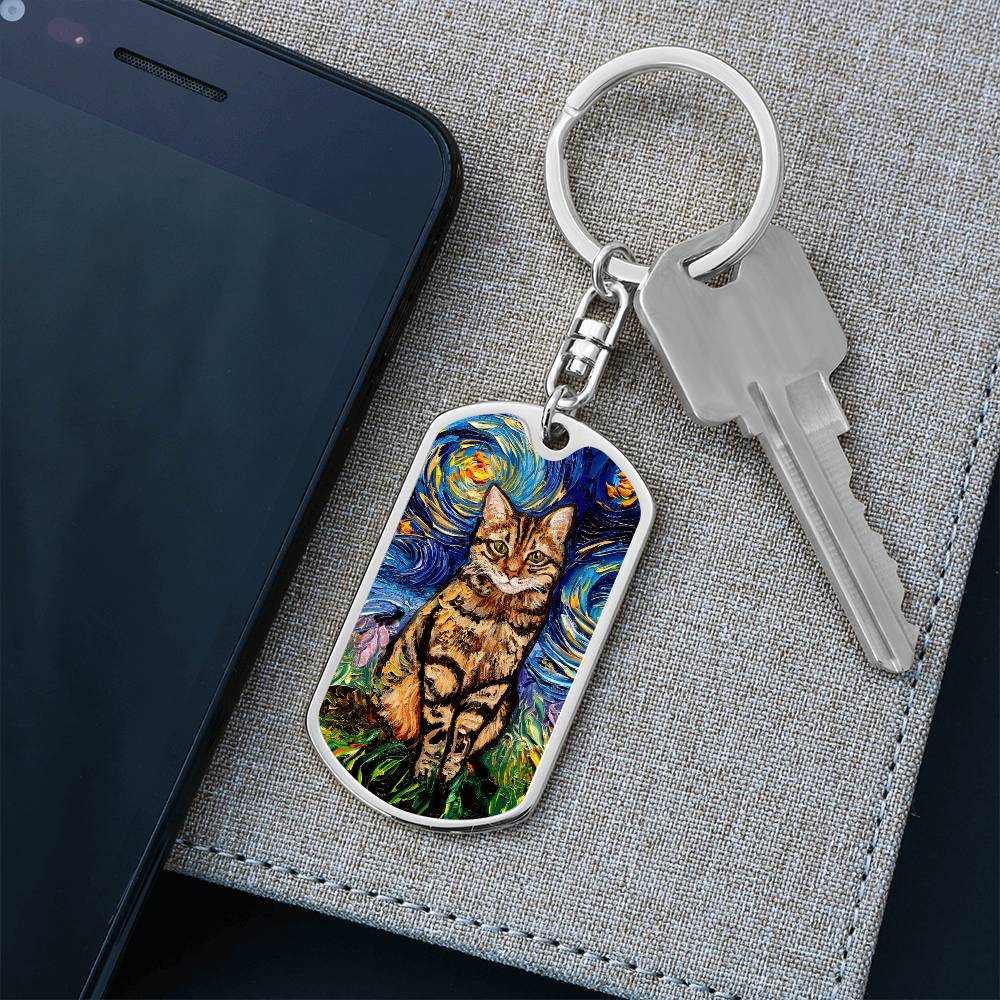 Brown Tabby Cat Starry Night Dog Tag Keychain
