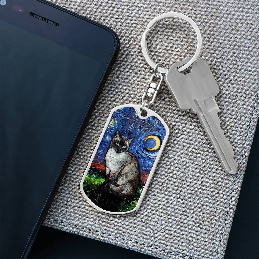 Siamese  Cat Starry Night Dog Tag Keychain