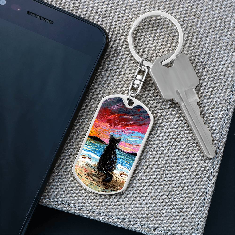 Beach Days - Black Cat Starry Night Dog Tag Keychain