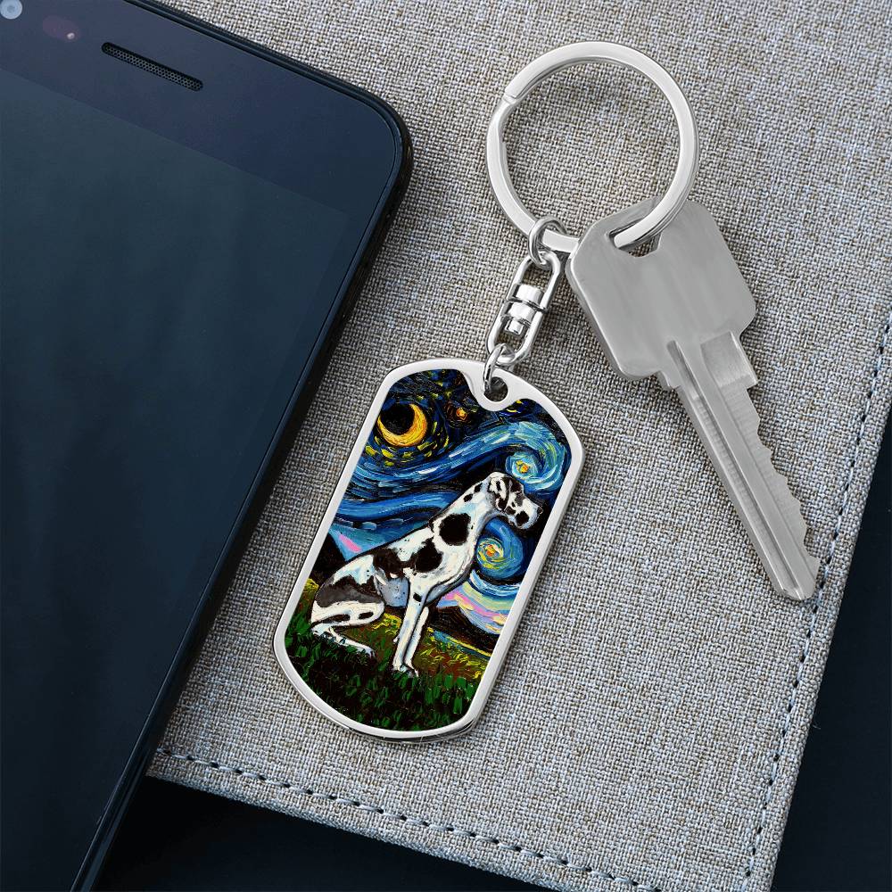 Harlequin Great Dane Starry Night Dog Tag Keychain