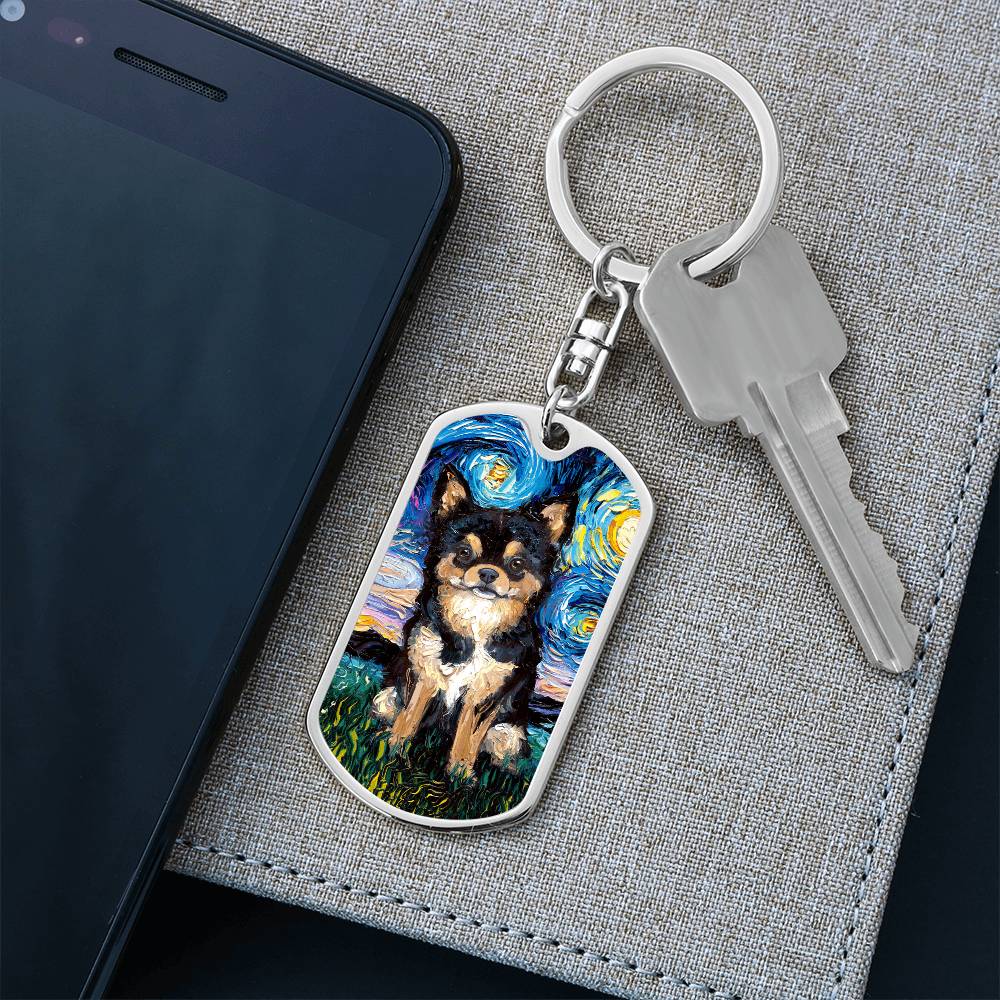 Black and Tan Long Hair Chihuahua Starry Night Dog Tag Keychain