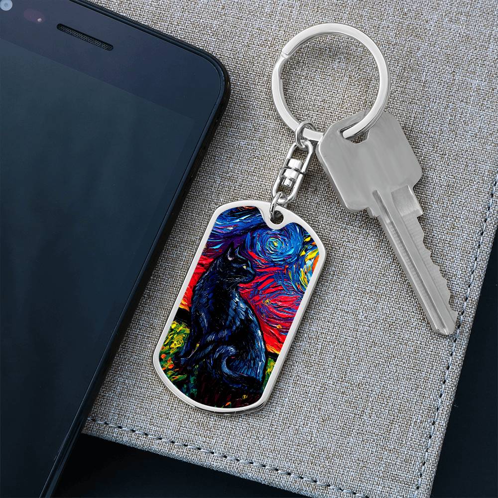 Black Cat Starry Night Dog Tag Keychain