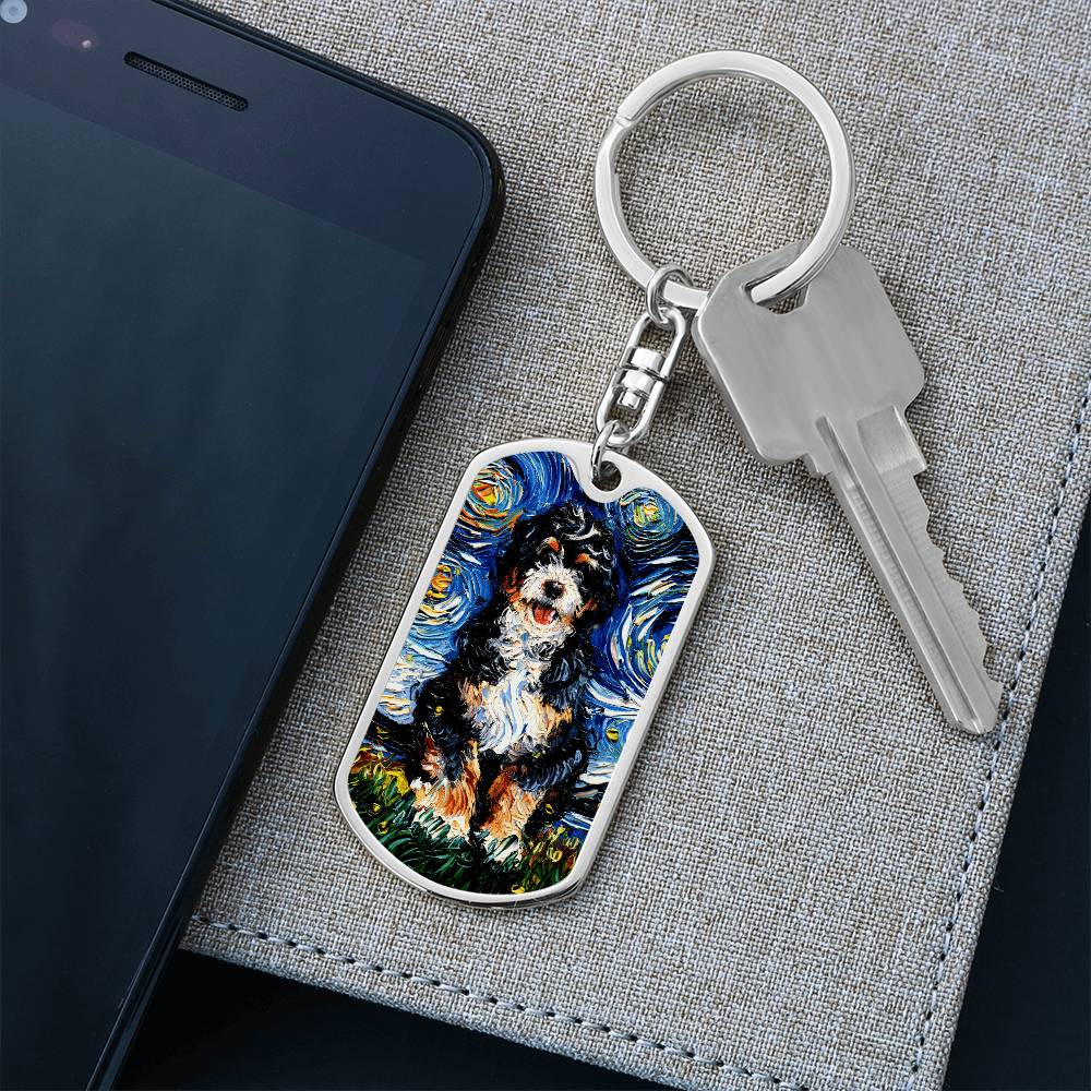 Bernedoodle Starry Night Dog Tag Keychain
