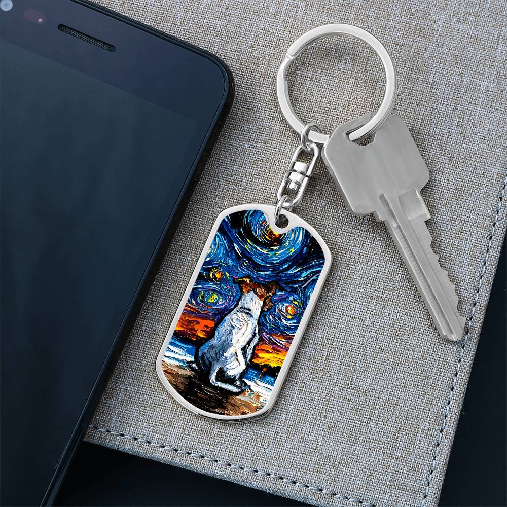 Jack Russell Terrier at the Beach Starry Night Dog Tag Keychain