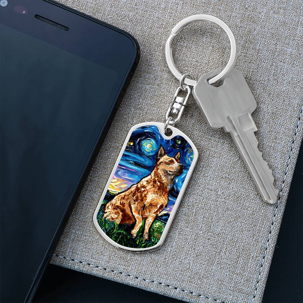Red Heeler Starry Night Dog Tag Keychain