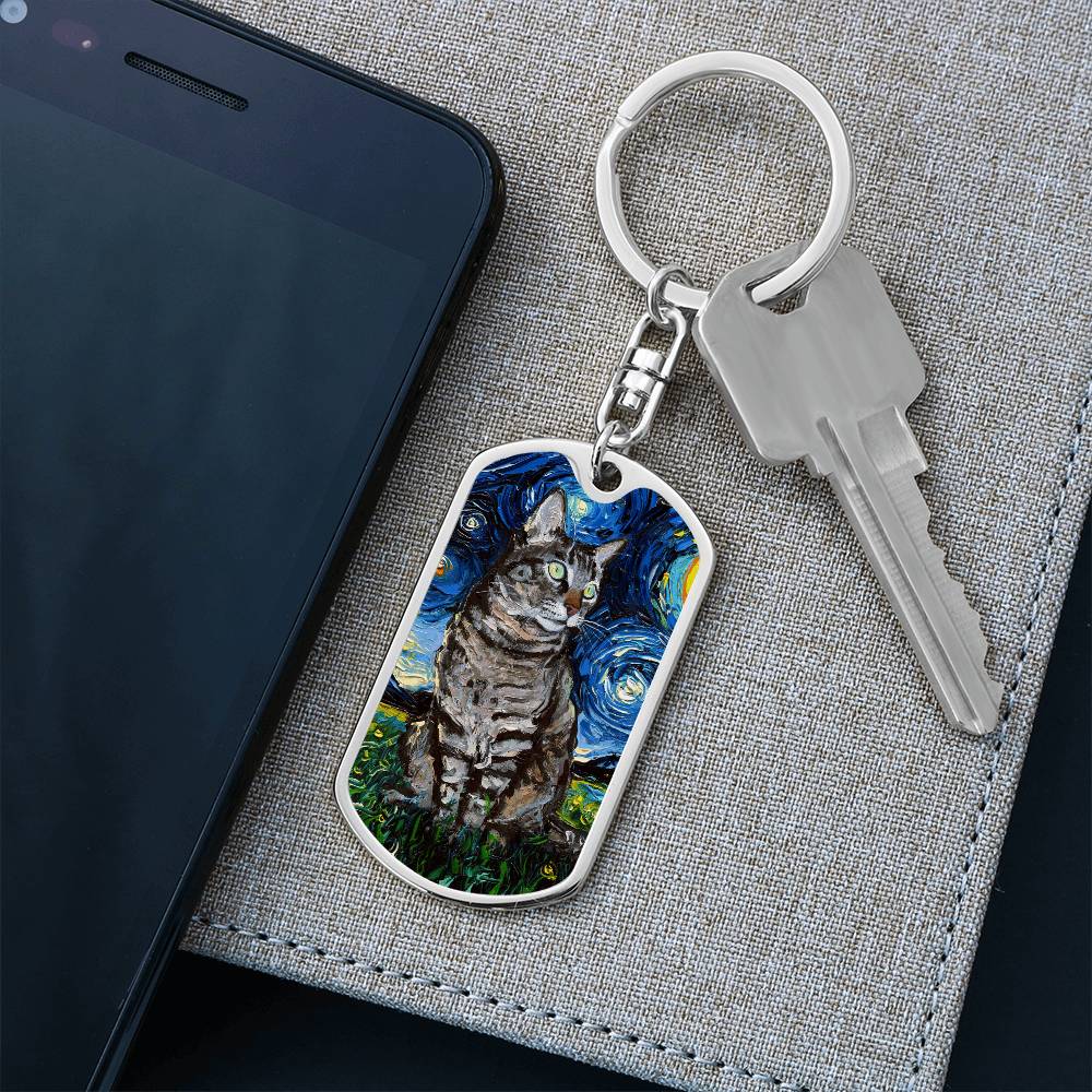Tabby Cat Starry Night Dog Tag Keychain