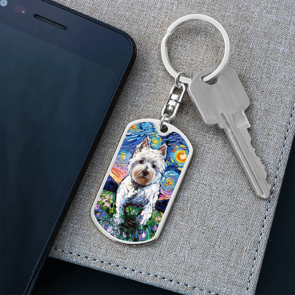 Westie and Flowers Starry Night Dog Tag Keychain