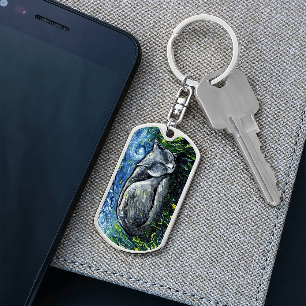Russian Blue Cat Dog Tag Keychain