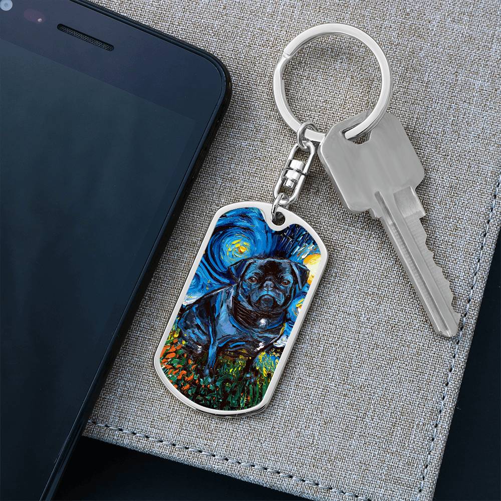 Black Pug Starry Night Dog Tag Keychain