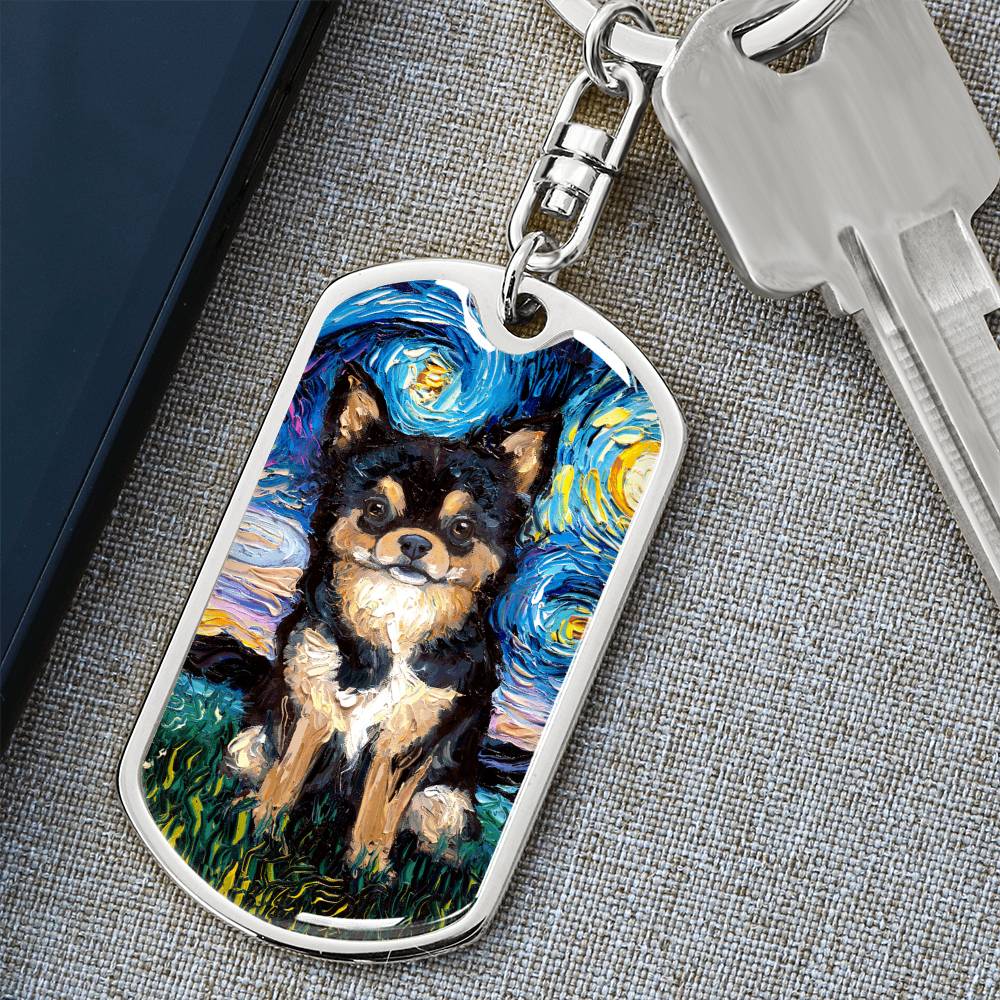Black and Tan Long Hair Chihuahua Starry Night Dog Tag Keychain