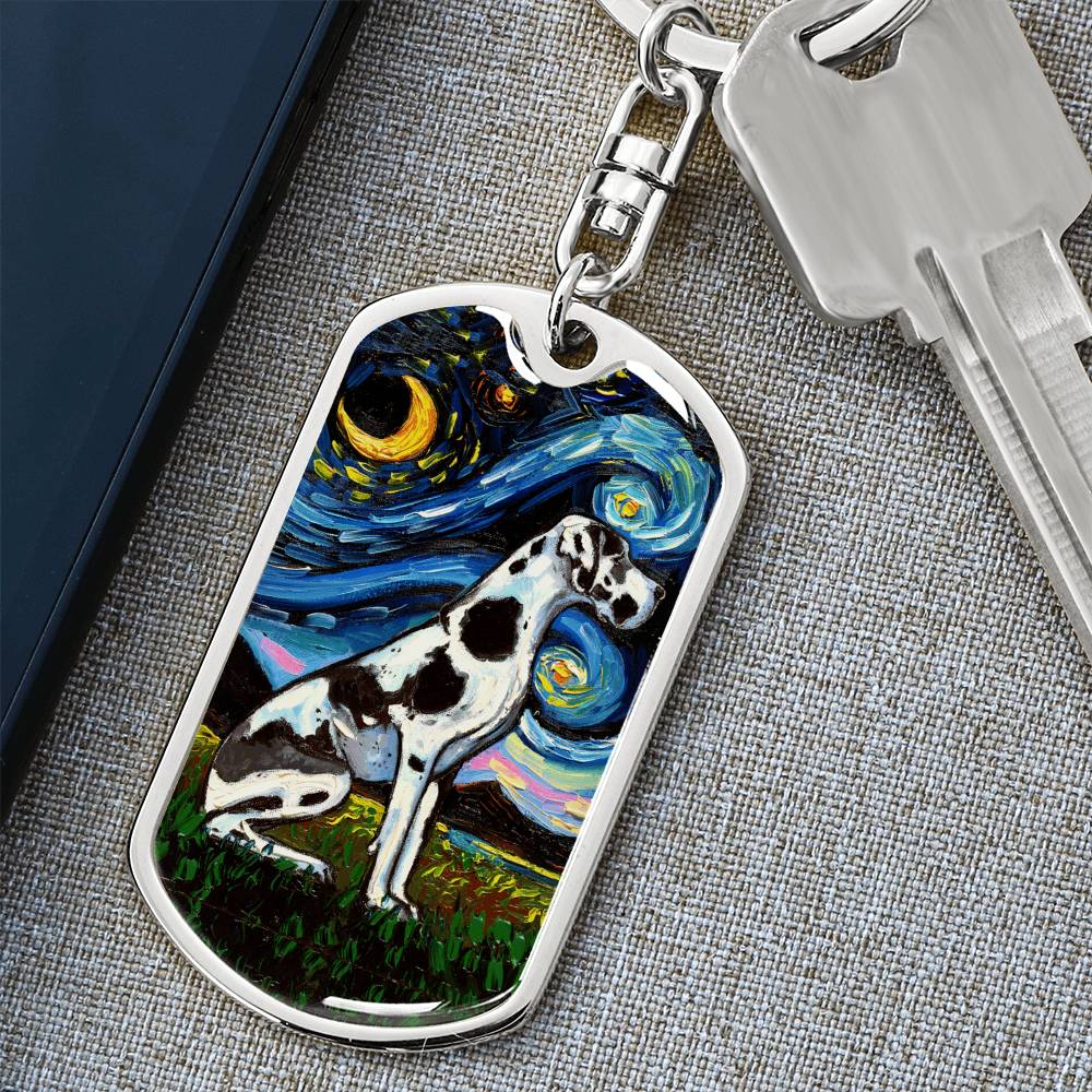 Harlequin Great Dane Starry Night Dog Tag Keychain