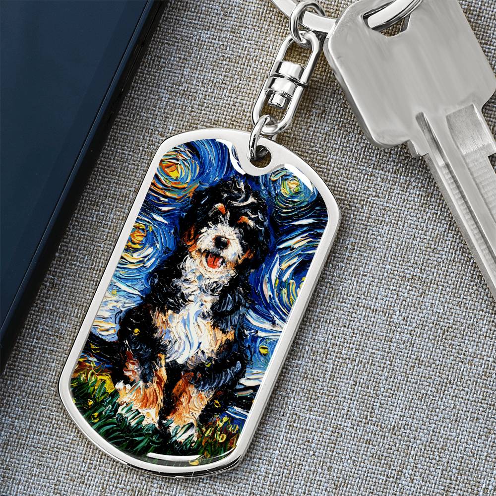 Bernedoodle Starry Night Dog Tag Keychain