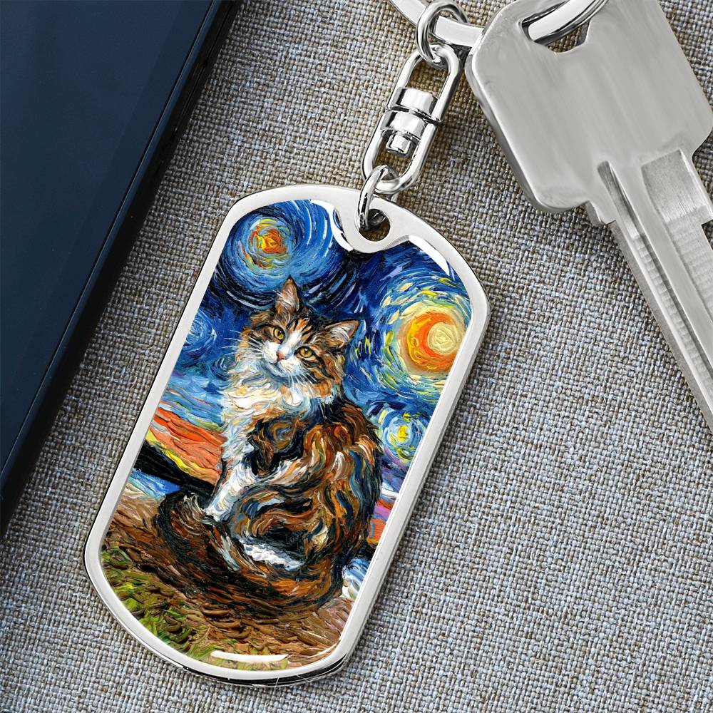 Calico Cat 2 Starry Night Dog Tag Keychain