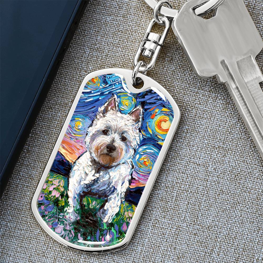 Westie and Flowers Starry Night Dog Tag Keychain