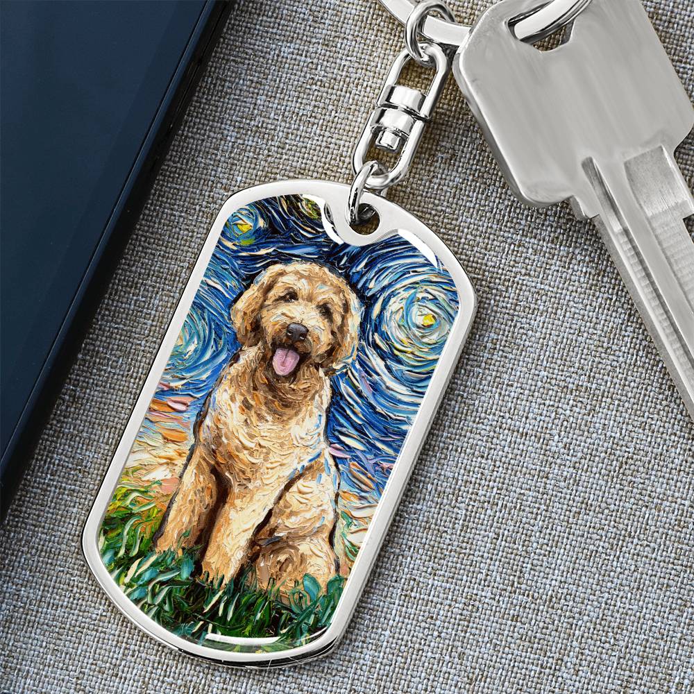 Goldendoodle Starry Night Dog Tag Keychain