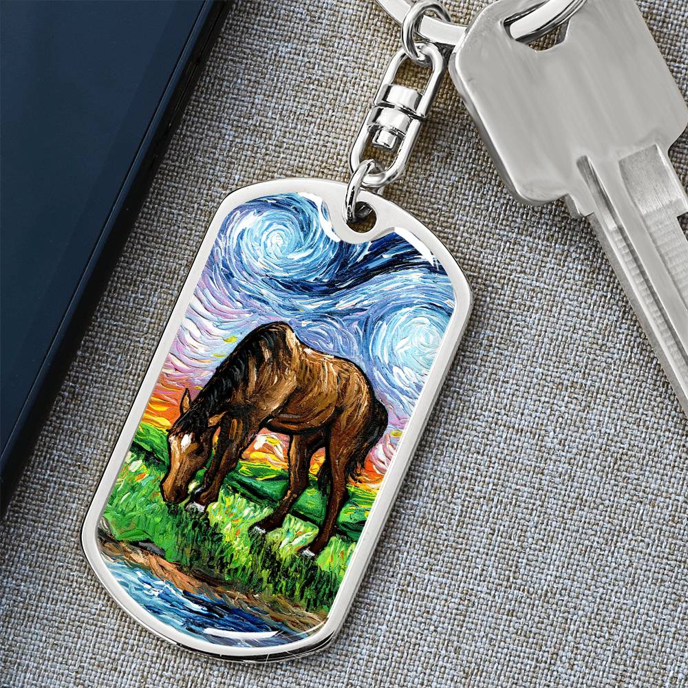 Horse in Meadow Starry Night Dog Tag Keychain