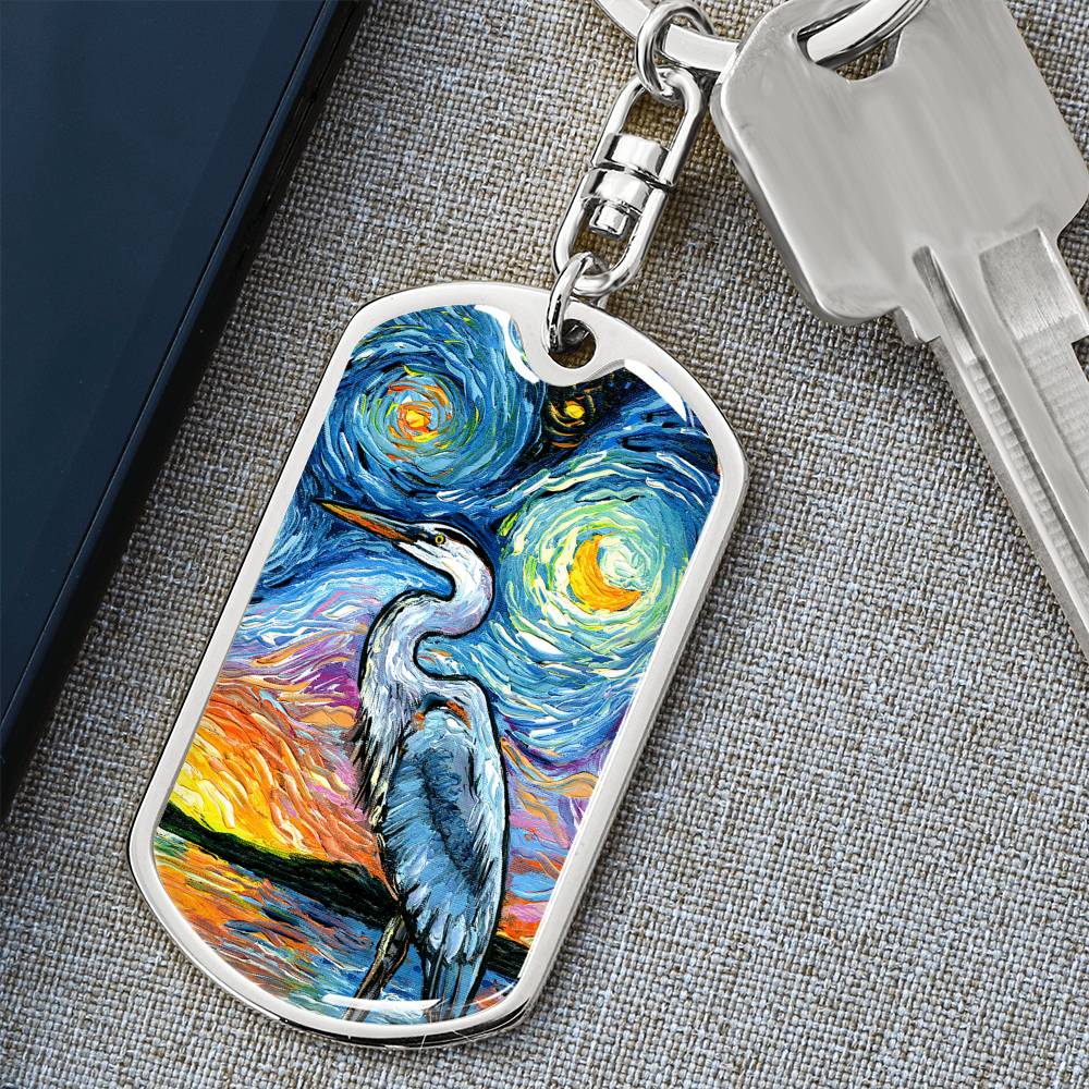Blue Heron Starry Night Dog Tag Keychain