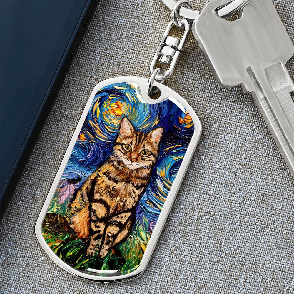 Brown Tabby Cat Starry Night Dog Tag Keychain