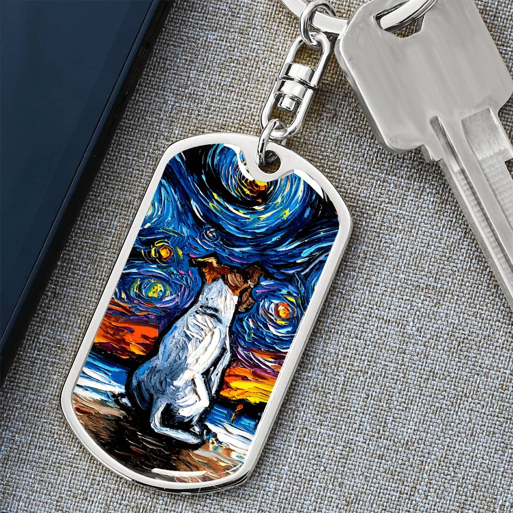 Jack Russell Terrier at the Beach Starry Night Dog Tag Keychain