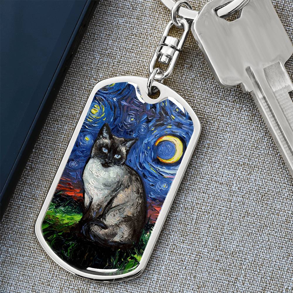 Siamese  Cat Starry Night Dog Tag Keychain