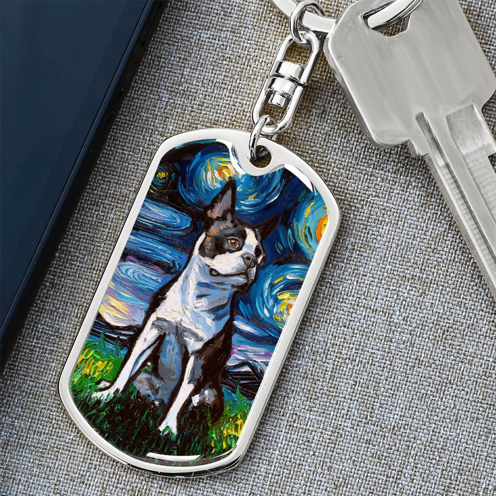 Boston Terrier starry Night Dog Tag Keychain