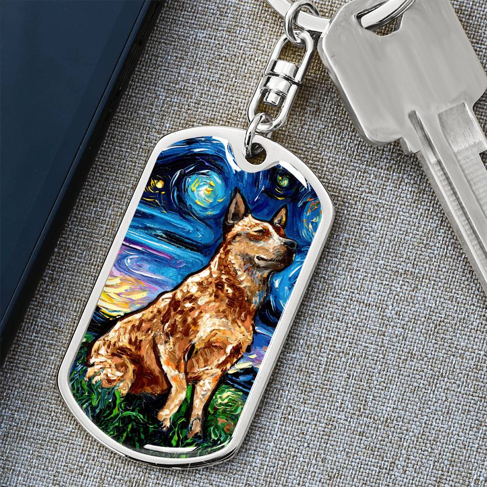 Red Heeler Starry Night Dog Tag Keychain
