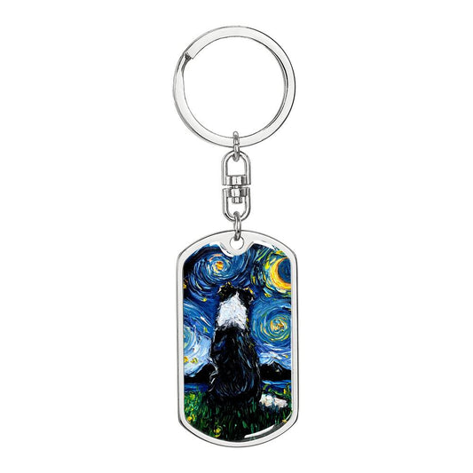 Black Border Collie Starry Night Dog Tag Keychain