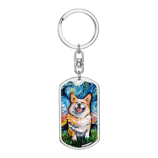 Smiling Corgi Starry Night Dog Tag Keychain