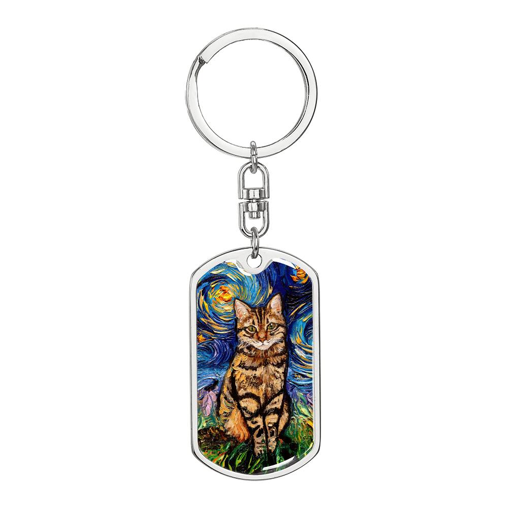 Brown Tabby Cat Starry Night Dog Tag Keychain