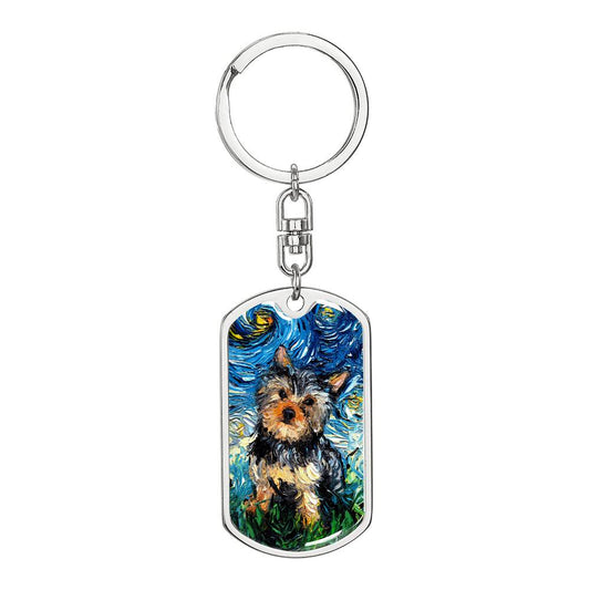Yorkie Starry Night Dog Tag Keychain
