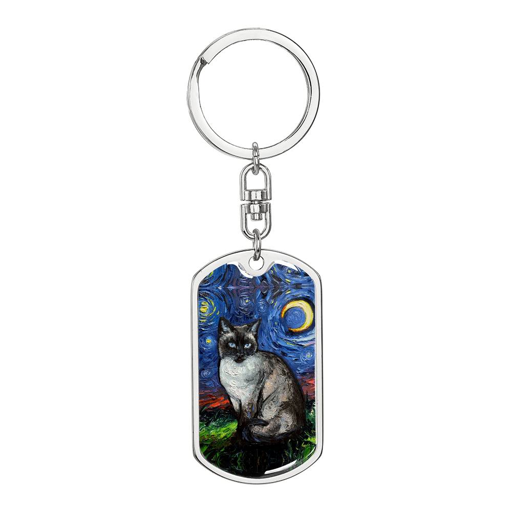 Siamese  Cat Starry Night Dog Tag Keychain