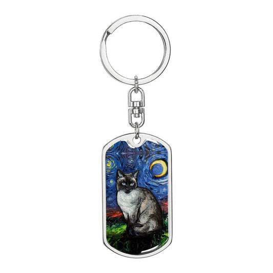 Siamese  Cat Starry Night Dog Tag Keychain