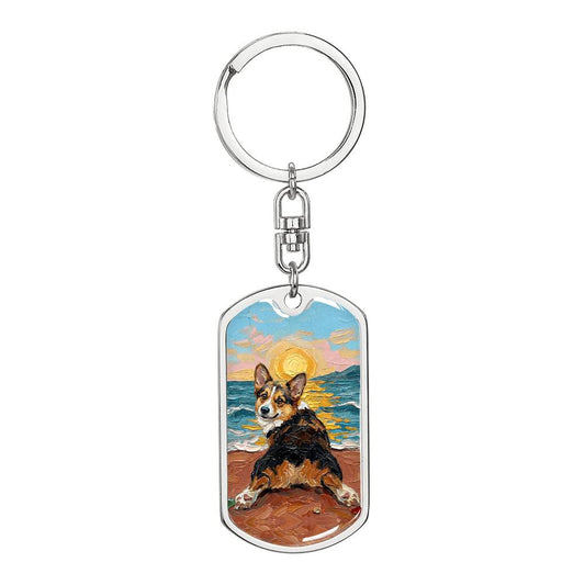 Tri Color Corgi Sploot Dog Tag Keychain