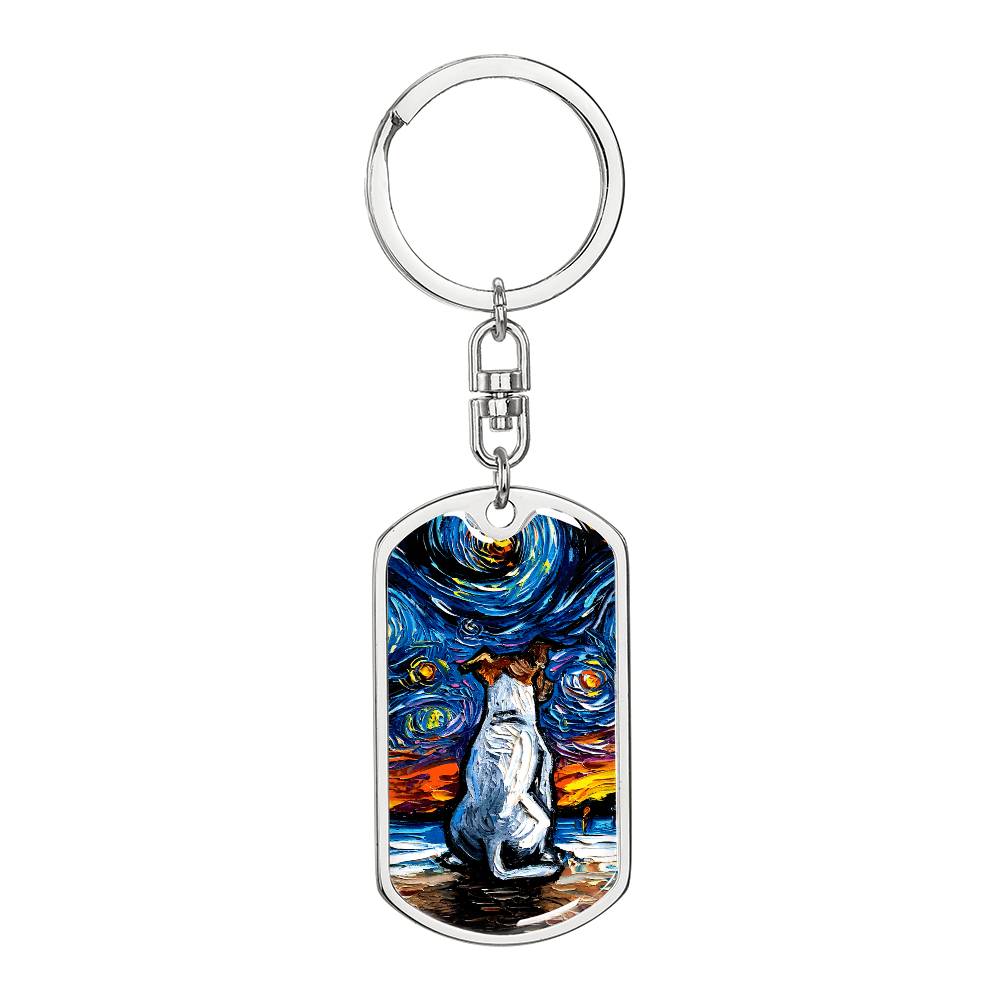 Jack Russell Terrier at the Beach Starry Night Dog Tag Keychain