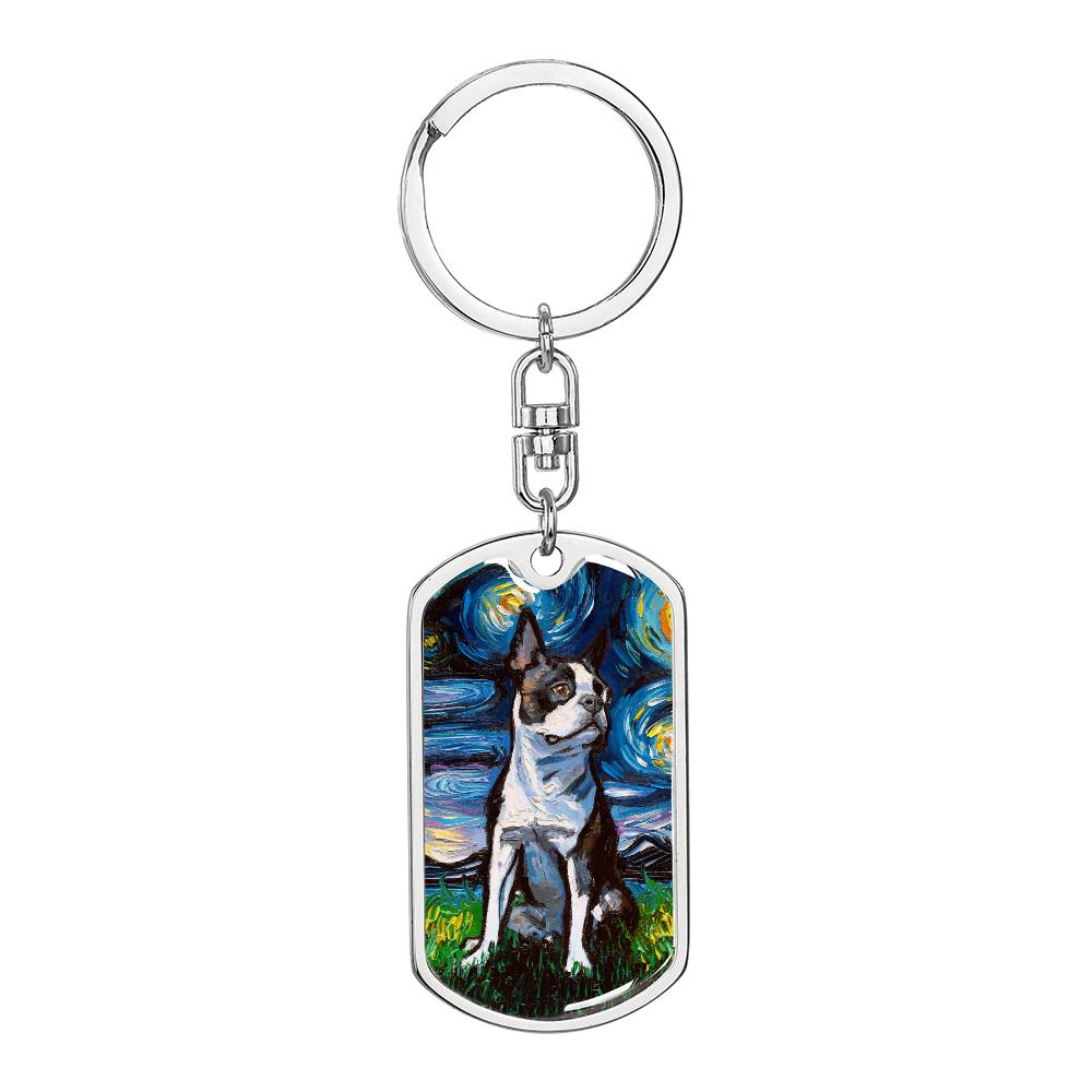 Boston Terrier starry Night Dog Tag Keychain