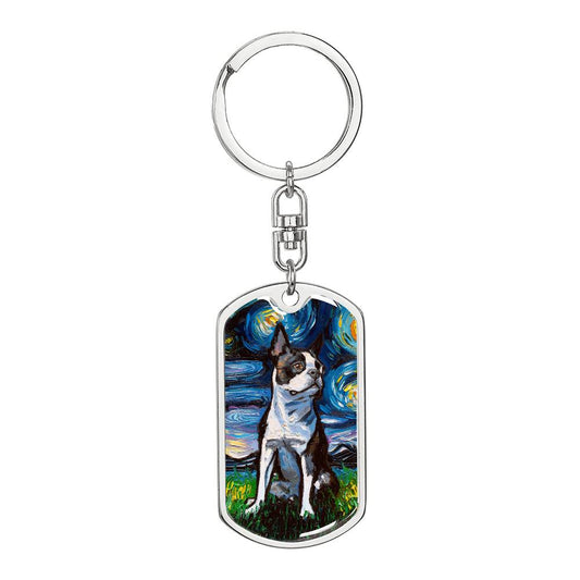 Boston Terrier starry Night Dog Tag Keychain