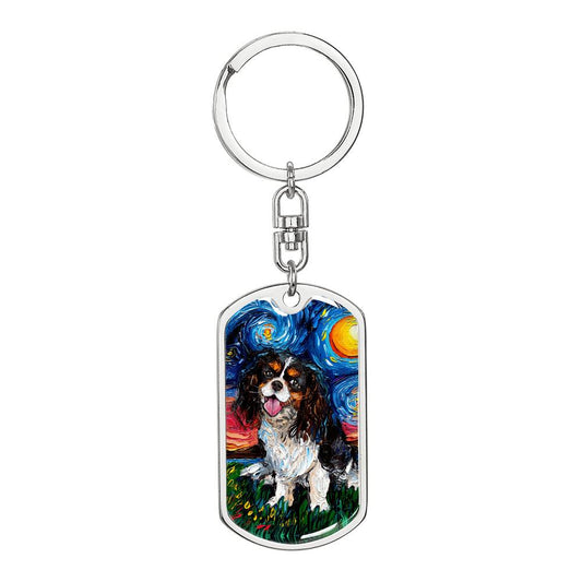 Tri Color Cavalier Starry Night Dog Tag Keychain