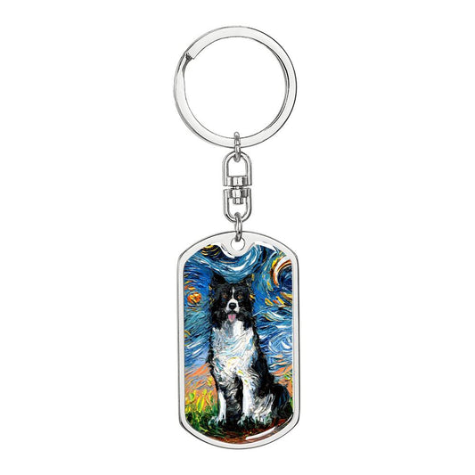 Border Collie Starry Night Dog Tag Keychain