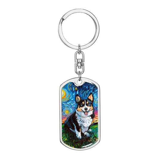 Tri Color  Corgi Starry Night Dog Tag Keychain