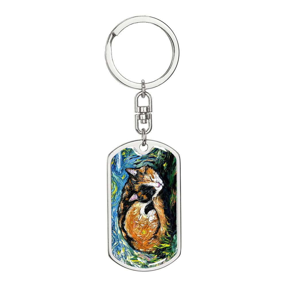 Sleeping Calico Dog Tag Keychain