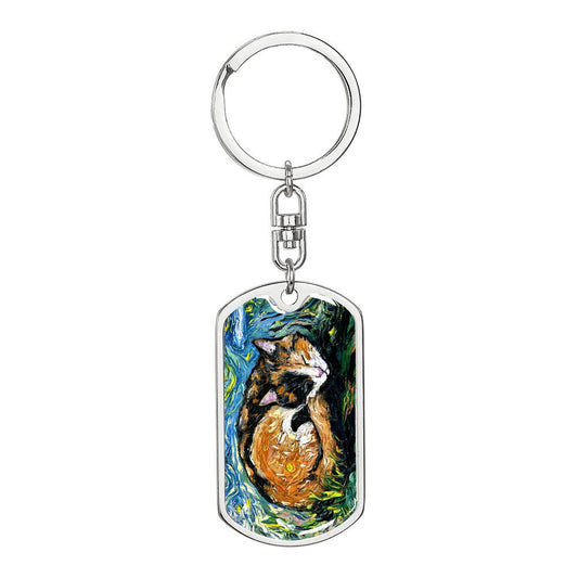 Sleeping Calico Dog Tag Keychain