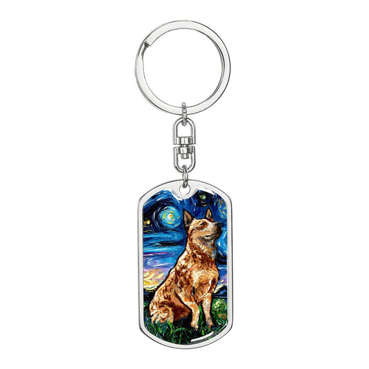 Red Heeler Starry Night Dog Tag Keychain