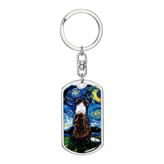 Brown Border Collie Starry Night Dog Tag Keychain
