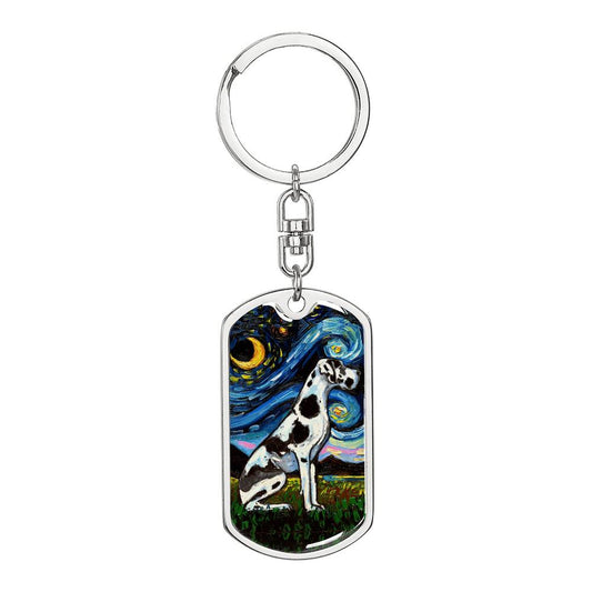 Harlequin Great Dane Starry Night Dog Tag Keychain