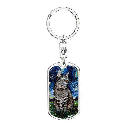 Tabby Cat Starry Night Dog Tag Keychain