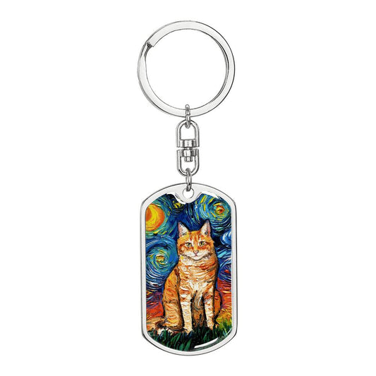 Seated Orange Tabby Cat Starry Night Dog Tag Keychain
