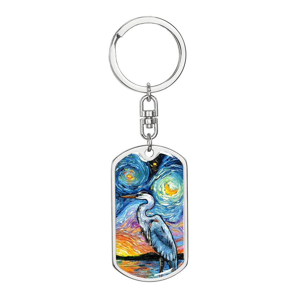 Blue Heron Starry Night Dog Tag Keychain