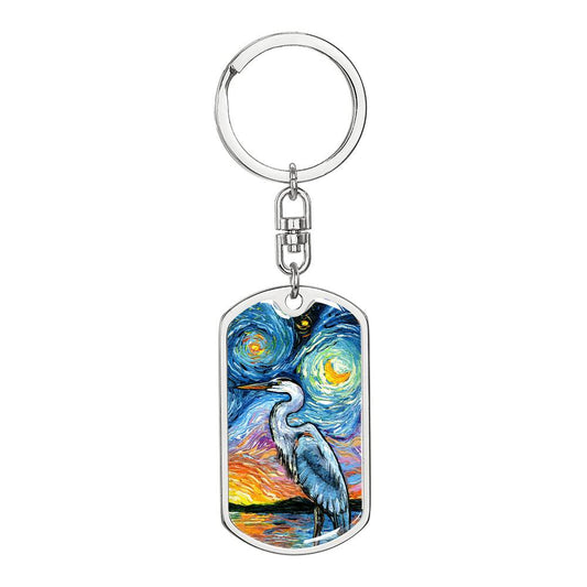 Blue Heron Starry Night Dog Tag Keychain