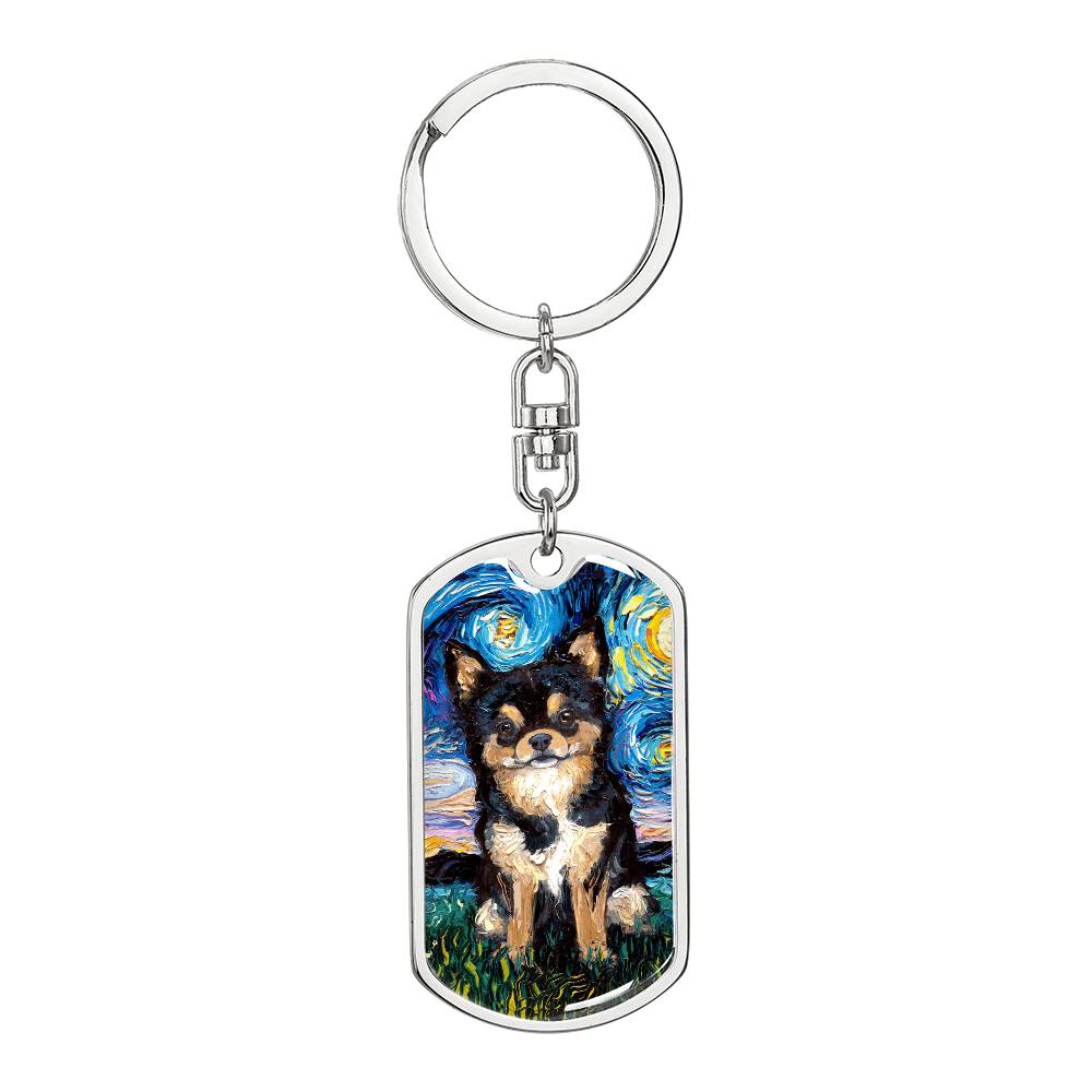 Black and Tan Long Hair Chihuahua Starry Night Dog Tag Keychain