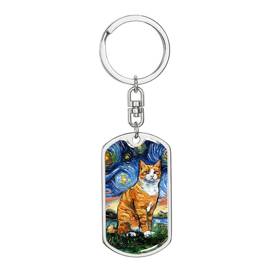 Orange Tuxedo Tabby Night Dog Tag Keychain